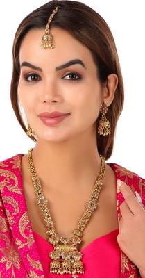Mansiyaorange matte gold multi colour temple theme maa lakshmi motif choker set for women 1