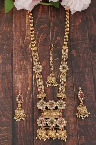 Mansiyaorange matte gold multi colour temple theme maa lakshmi motif choker set for women