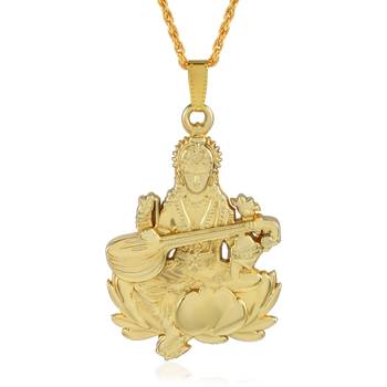 Brass goldplated reversible heavy saraswati pendant with chain temple jewellery 1