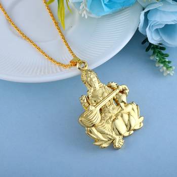 Brass goldplated reversible heavy saraswati pendant with chain temple jewellery 5