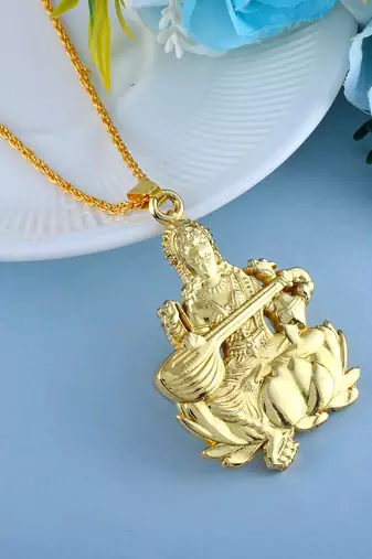 Brass goldplated reversible heavy saraswati pendant with chain temple jewellery