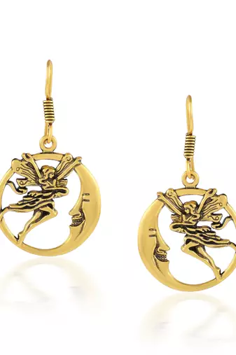 Brass antique goldplated angel on moon stylish fashion earrings for women