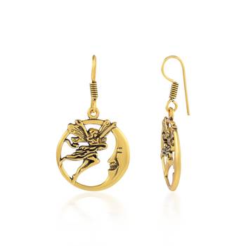 Brass antique goldplated angel on moon stylish fashion earrings for women 3
