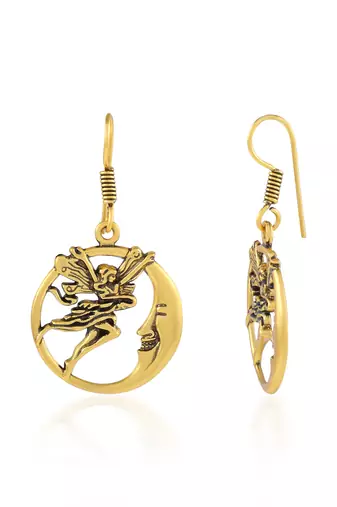 Brass antique goldplated angel on moon stylish fashion earrings for women