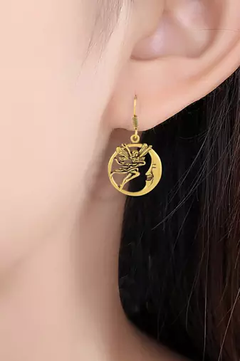 Brass antique goldplated angel on moon stylish fashion earrings for women