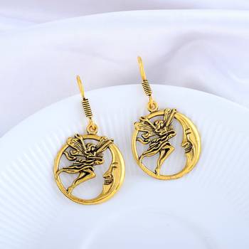 Brass antique goldplated angel on moon stylish fashion earrings for women 5