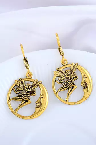 Brass antique goldplated angel on moon stylish fashion earrings for women