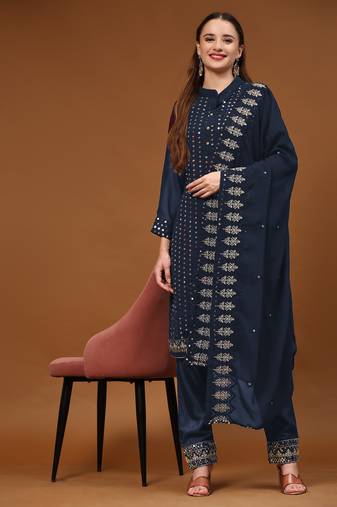 Blue sequins embroidered georgette semi-suit