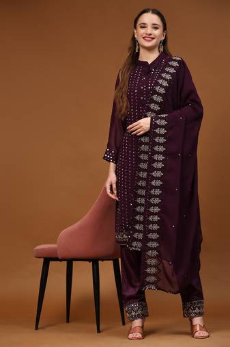 Purple sequins embroidered georgette semi-suit