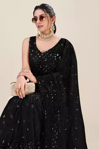 Premium Net Black Sequins & Embroidery Designer Party Wear Saree