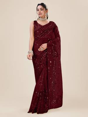 Premium Net Maroon Sequins & Embroidery Designer Party Wear Saree 1