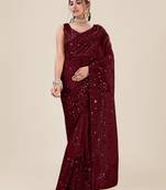 Premium Net Maroon Sequins & Embroidery Designer Party Wear Saree