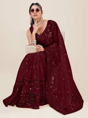 Premium Net Maroon Sequins & Embroidery Designer Party Wear Saree 2