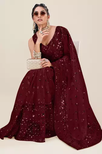 Premium Net Maroon Sequins & Embroidery Designer Party Wear Saree