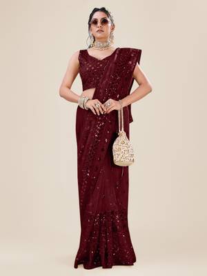 Premium Net Maroon Sequins & Embroidery Designer Party Wear Saree 3