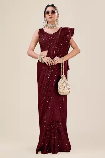 Premium Net Maroon Sequins & Embroidery Designer Party Wear Saree
