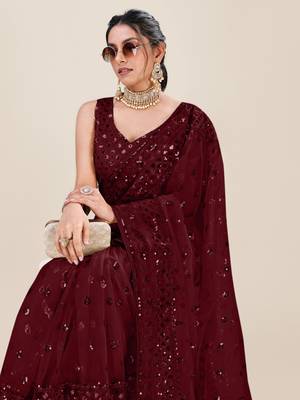 Premium Net Maroon Sequins & Embroidery Designer Party Wear Saree 4