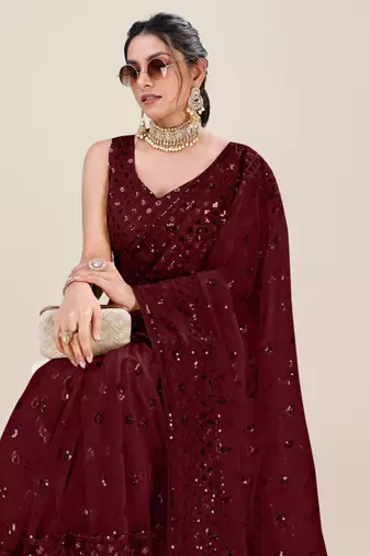 Premium Net Maroon Sequins & Embroidery Designer Party Wear Saree