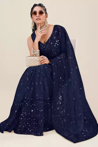 Premium Net Navy Blue Sequins & Embroidery Designer Party Wear Saree