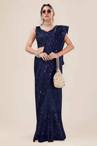 Premium Net Navy Blue Sequins & Embroidery Designer Party Wear Saree