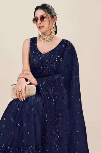 Premium Net Navy Blue Sequins & Embroidery Designer Party Wear Saree