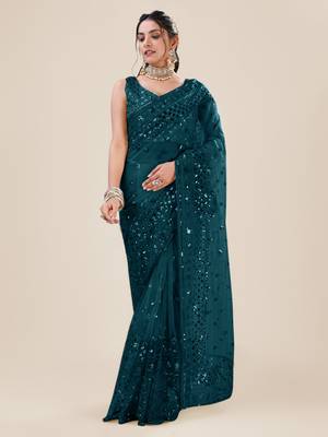 Premium Net Teal Sequins & Embroidery Designer Party Wear Saree 1
