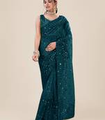 Premium Net Teal Sequins & Embroidery Designer Party Wear Saree