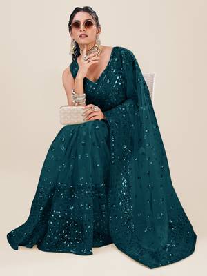 Premium Net Teal Sequins & Embroidery Designer Party Wear Saree 2