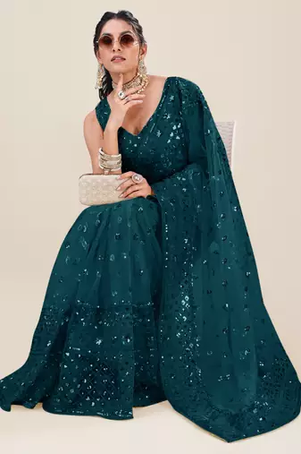 Premium Net Teal Sequins & Embroidery Designer Party Wear Saree