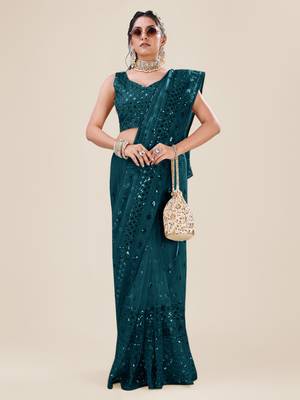 Premium Net Teal Sequins & Embroidery Designer Party Wear Saree 3