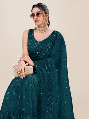 Premium Net Teal Sequins & Embroidery Designer Party Wear Saree 4