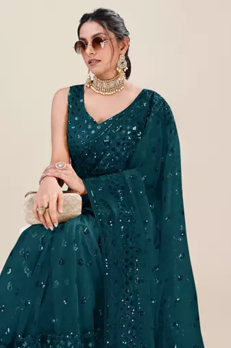 Premium Net Teal Sequins & Embroidery Designer Party Wear Saree