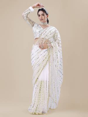 Premium Net White Sequins & Embroidery Designer Party Wear Saree 2