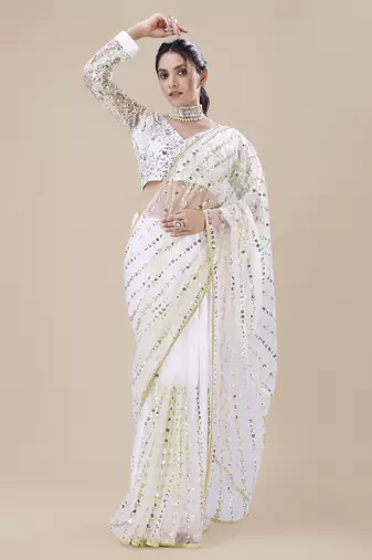 Premium Net White Sequins & Embroidery Designer Party Wear Saree