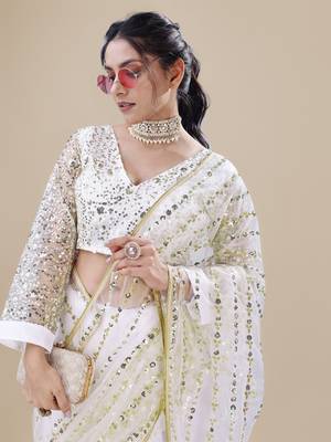 Premium Net White Sequins & Embroidery Designer Party Wear Saree 3