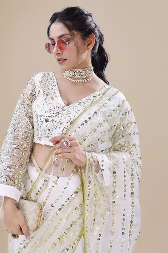 Premium Net White Sequins & Embroidery Designer Party Wear Saree
