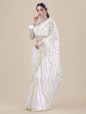 Premium Net White Sequins & Embroidery Designer Party Wear Saree 4
