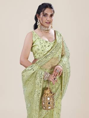 Premium Net Green Sequins & Embroidery Designer Party Wear Saree 2