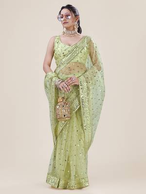 Premium Net Green Sequins & Embroidery Designer Party Wear Saree 1