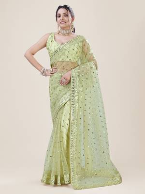 Premium Net Green Sequins & Embroidery Designer Party Wear Saree 3
