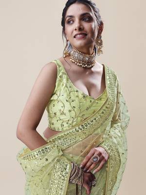 Premium Net Green Sequins & Embroidery Designer Party Wear Saree 4
