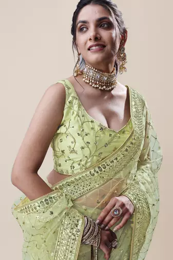 Premium Net Green Sequins & Embroidery Designer Party Wear Saree
