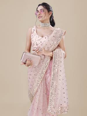 Baby Pink Net Silver Sequin Embroidered Party Wear Saree 1