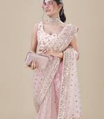 Baby Pink Net Silver Sequin Embroidered Party Wear Saree