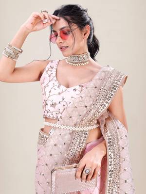 Baby Pink Net Silver Sequin Embroidered Party Wear Saree 2