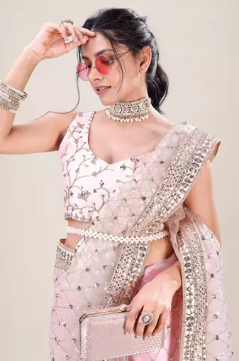 Baby Pink Net Silver Sequin Embroidered Party Wear Saree
