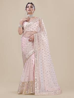 Baby Pink Net Silver Sequin Embroidered Party Wear Saree 3