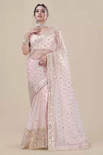 Baby Pink Net Silver Sequin Embroidered Party Wear Saree
