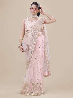 Baby Pink Net Silver Sequin Embroidered Party Wear Saree 4