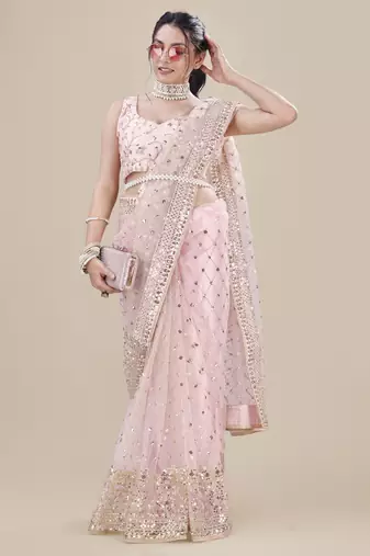 Baby Pink Net Silver Sequin Embroidered Party Wear Saree